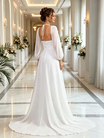 Women Long Sleeve V-Neck Lace Wedding Dress Elegant A-Line Bridal Gown Long Maxi Dress For Wedding Ceremony