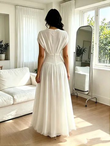 Damen Elegantes V-Ausschnitt Ärmelloses Chiffon Maxi Kleid Schlanke Hohe Taille A-Linie Abend Party Abschlussball Brautjungfer Langes Kleid