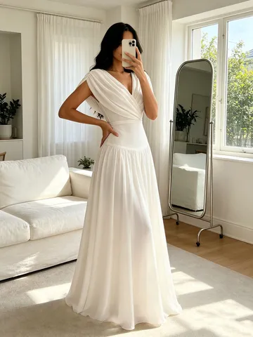 Damen Elegantes V-Ausschnitt Ärmelloses Chiffon Maxi Kleid Schlanke Hohe Taille A-Linie Abend Party Abschlussball Brautjungfer Langes Kleid