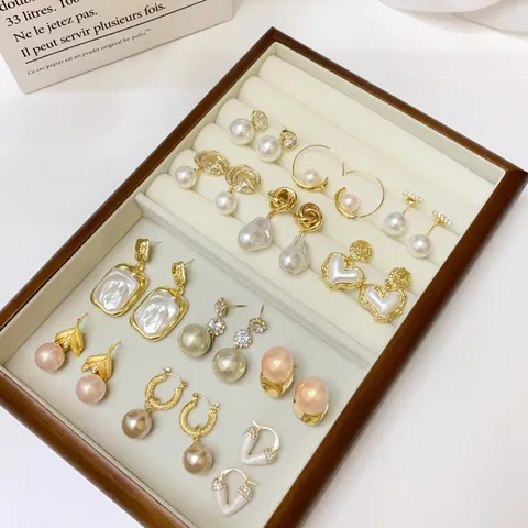 Französische Luxus Kunstperle Strass Wassertropfen Ohrringe 925 Silber Ohrstecker-Stift Gold Geometrischer Schmuck