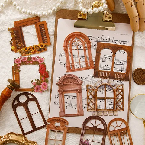 Carta Materiale per Scrapbooking Intagliato Vintage Cornice della Finestra Floreale Architettura Diario Estetico Carta Arredo