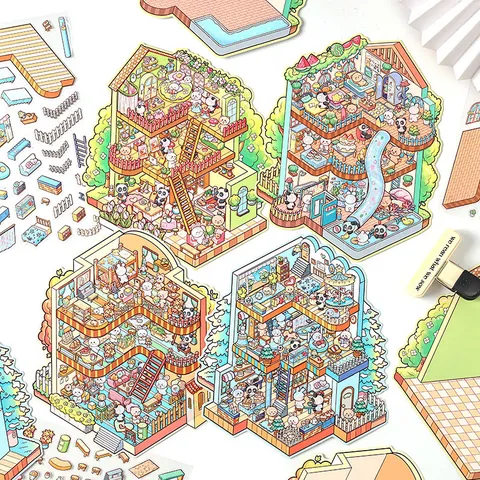 Cartoon Szene Landschaftsbau Aufkleber 3D Visuelle Stereoskopische Kabine Aufkleber DIY Handkonto Dekorative Material Set