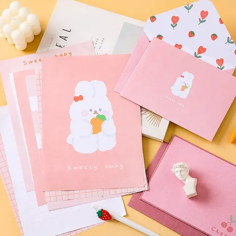 Süßes Cartoon Tier Briefumschlag und Briefpapier Set im Ins Stil Schreibwaren Geschenk mit Hase Hund Bär Design