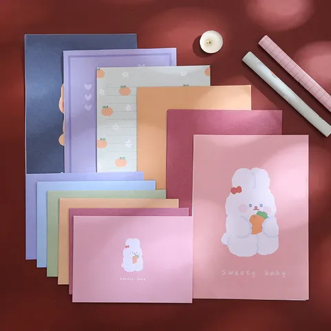 Süßes Cartoon Tier Briefumschlag und Briefpapier Set im Ins Stil Schreibwaren Geschenk mit Hase Hund Bär Design