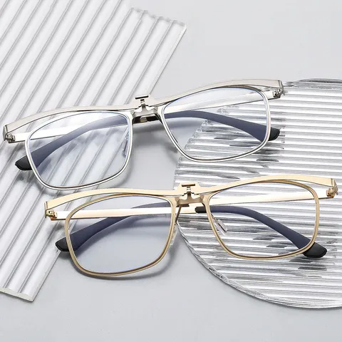 Gafas de Lectura de Metal Retro Abatibles para Hombres Mujeres Lentes HD Anti Luz Azul Montura Cuadrada Negocios