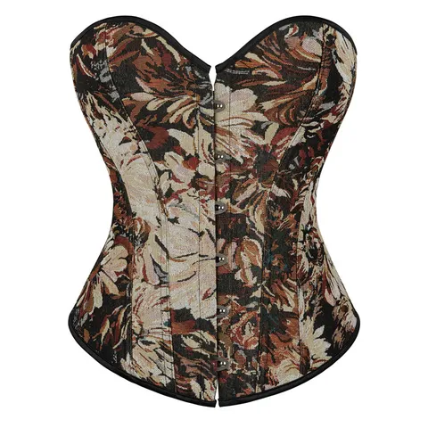 Women's Vintage Floral Jacquard Corset Top Sweetheart Neck Button Front Boned Bustier Waist Cincher Slim Fit Party Clubwear