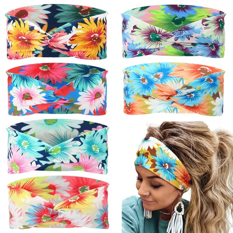 Boho Bloemenprint Brede Haarband Kruis Geknoopt Haarband Stretch Polyester Haaraccessoires Voor Vrouwen Sport Dagelijkse Kleding