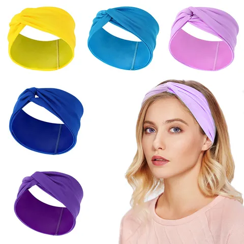 Bandeau Large Croisé pour Femmes Couleur Unie Élastique Tricoté Accessoires de Cheveux pour le Sport Quotidien