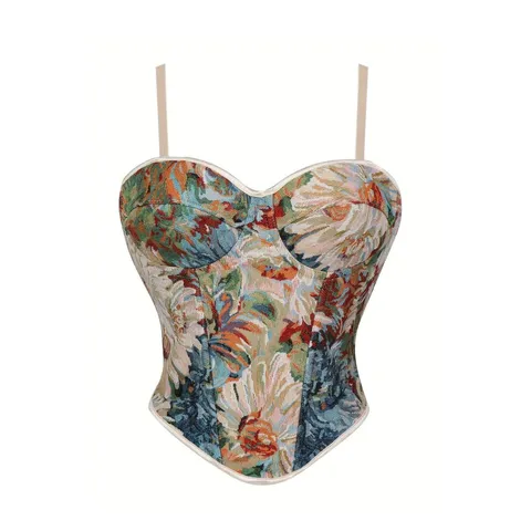 Damen Vintage Blumen Jacquard Korsett Top Doppelriemen Bustier Crop Top Schmale Passform Body Shaping Mieder