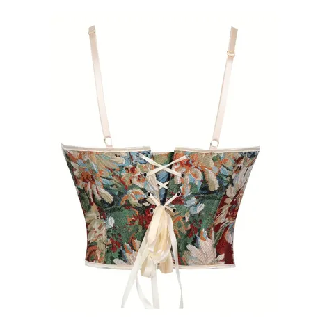 Damen Vintage Blumen Jacquard Korsett Top Doppelriemen Bustier Crop Top Schmale Passform Body Shaping Mieder