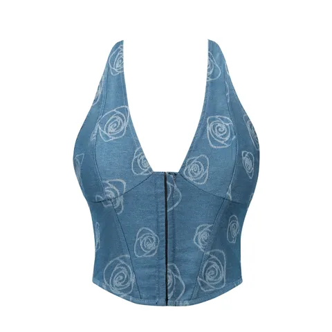 Women's Retro Blue Denim Rose Floral Print Corset Bustier Halter Low-Cut Vintage Top