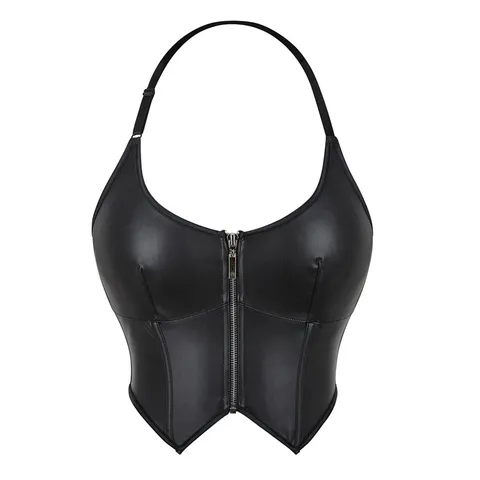Women PU Leather Halter Zip Slim Tube Top Sexy Body Shaping Corset Top Elegant Party Clubwear Outerwear