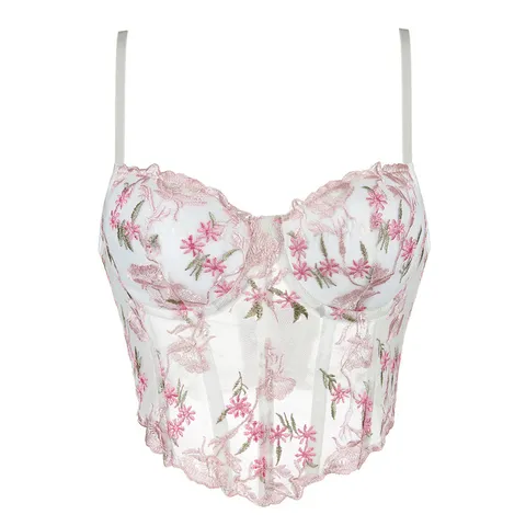Damen Sexy Transparentes Mesh Blumen Stickerei Trägerloses Figurformendes Top Doppelriemen Schmale Passform Korsett Bustier