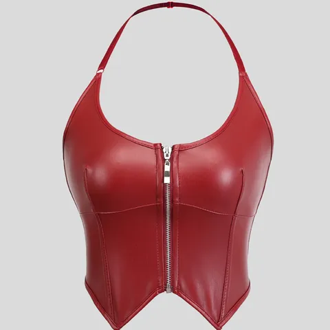 Women PU Leather Halter Zip Slim Tube Top Sexy Body Shaping Corset Top Elegant Party Clubwear Outerwear