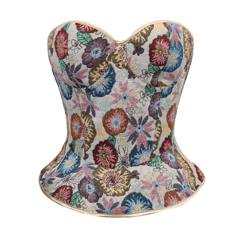 Damen Vintage Ölgemälde Blumenmuster Korsett Bustier Top Trägerlos Rückenfrei Fischbein Unterstützt Slim Fit Party Top