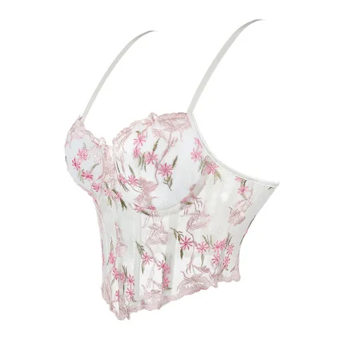 Damen Sexy Transparentes Mesh Blumen Stickerei Trägerloses Figurformendes Top Doppelriemen Schmale Passform Korsett Bustier