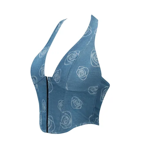 Women's Retro Blue Denim Rose Floral Print Corset Bustier Halter Low-Cut Vintage Top
