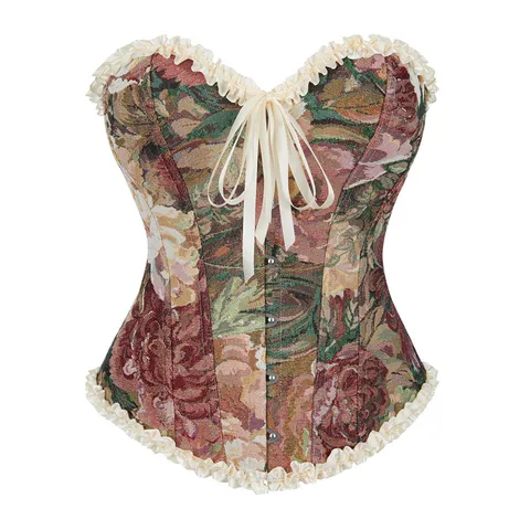 Women Vintage Palace Style Floral Printed Corset Top Lace Trim Bustier Bodyshaper With Metal Busk And Front Lace-Up