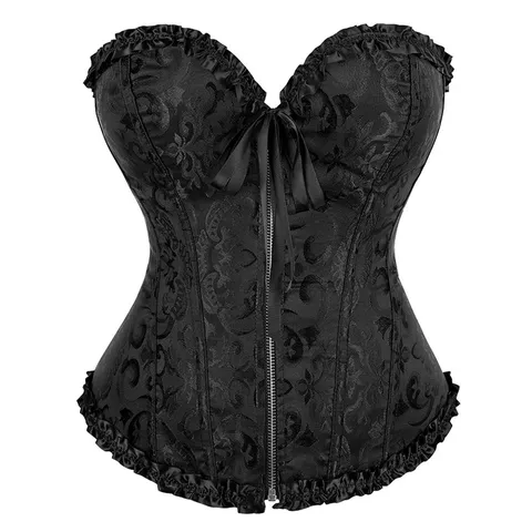 Women's Vintage Jacquard Corset Top Front Zipper Bustier Shaping Crop Top Ruffle Trim