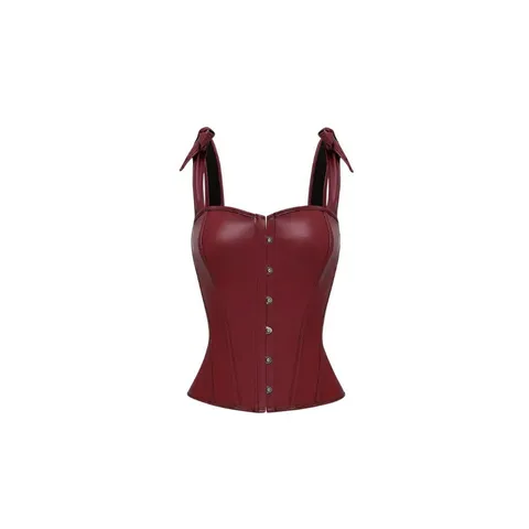 Women's Vintage Wine Red PU Leather Corset Top Square Neck Strapless Bow Front Button Boned Bustier Sexy Body Shaping Vest