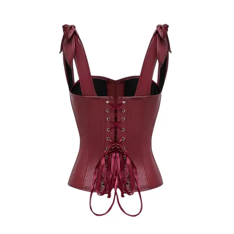 Women's Vintage Wine Red PU Leather Corset Top Square Neck Strapless Bow Front Button Boned Bustier Sexy Body Shaping Vest