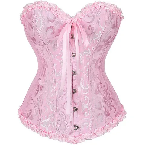 Women Vintage Jacquard Corset Top Casual Lace-Up Ruffle Trim Bustier Shaping Waist Cincher Party Wear