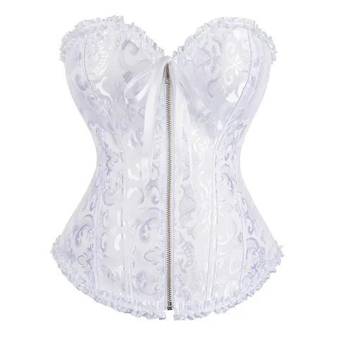 Women's Vintage Jacquard Corset Top Front Zipper Bustier Shaping Crop Top Ruffle Trim
