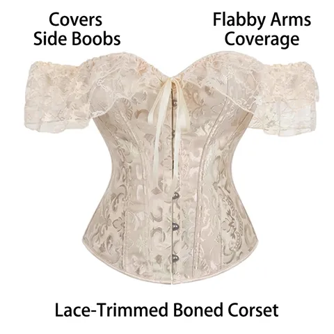 Damen Vintage Hof Spitzenbesatz Korsett Top Fischbein Formender Bustier Einffarbig Kurzarm Schmale Oberbekleidung