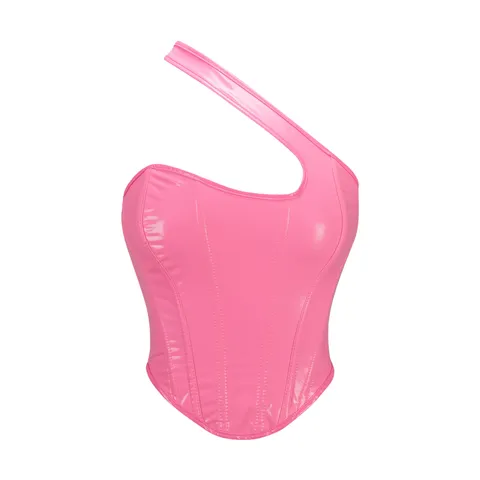 Women's Sexy One-Shoulder PU Leather Corset Top Backless Boned Waist Cincher Vest Party Clubwear