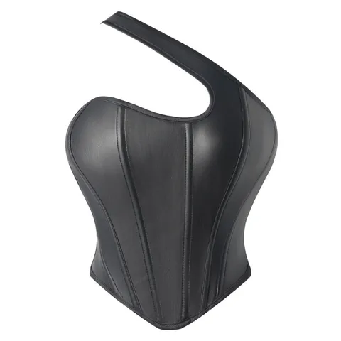 Women's Sexy One-Shoulder PU Leather Corset Top Backless Boned Waist Cincher Vest Party Clubwear