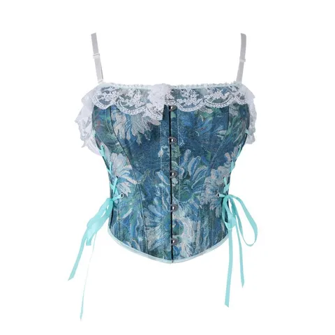 Damen Vintage Palast-Stil Blumenmuster Jacquard Korsett Top Verstellbarer Träger Spitzenbesatz Bustier