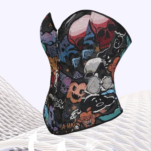 Women Polyester Gothic Halloween Skull Print Corset Top Vintage Bustier Lace Up Boned Waist Trainer Crop Top