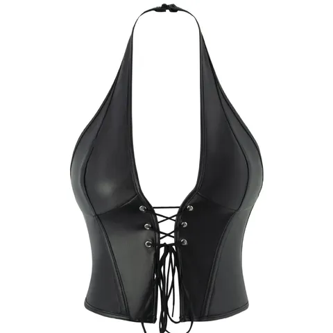 Women Sexy Halter PU Leather Corset Top Lace-Up Backless Bustier Crop Top Body Shaping Waist Cincher Vest Party Clubwear