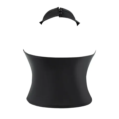 Women Sexy Halter PU Leather Corset Top Lace-Up Backless Bustier Crop Top Body Shaping Waist Cincher Vest Party Clubwear