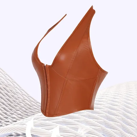 Women Faux Leather Halter Corset Top Sexy Sleeveless Fishbone Bustier Solid Color Slim Fit Party Clubwear