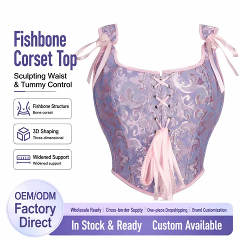 Women Jacquard Corset Top Adjustable Double Strap Fishbone Bustier Body Shaper Slim Fit Crop Top