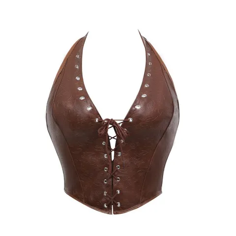 Women's Vintage Halter PU Leather Corset Top Lace Up Fishbone Waist Cincher Sexy Backless Crop Top Party Clubwear