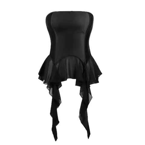 Damen Sexy Trägerloses Korsett Top Rückenfreies Schnürung Bustier mit Rüschensaum Einifarbig Slim Fit Figurformender Body Shaper