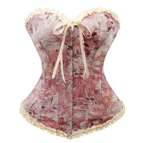 Women Vintage Palace Style Floral Printed Corset Top Lace Trim Bustier Bodyshaper With Metal Busk And Front Lace-Up