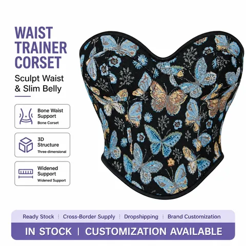 Top Corset Imprimé Papillon Floral Cour Vintage Femme Sexy Sans Bretelles Baleines Bustier Maintien