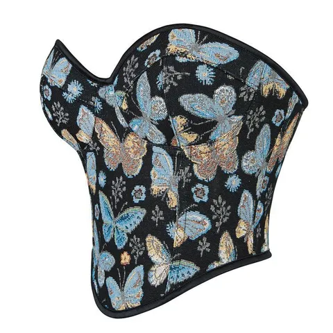 Top Corset Imprimé Papillon Floral Cour Vintage Femme Sexy Sans Bretelles Baleines Bustier Maintien