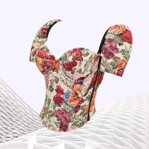Women Vintage Oil Painting Floral Print Puff Sleeve Corset Top Retro Bone Supported Slim Fit Square Neck Shapewear Blouse