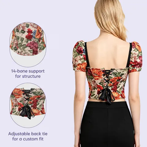 Women Vintage Oil Painting Floral Print Puff Sleeve Corset Top Retro Bone Supported Slim Fit Square Neck Shapewear Blouse