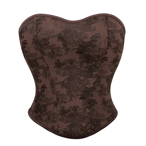 Women Vintage Floral Print Strapless Corset Top Boned Bustier Waist Cincher Retro Y2K Body Shaping Crop Top Partywear