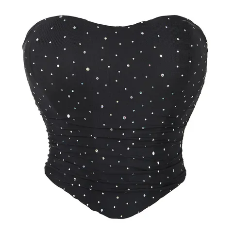 Top a Tubo Sexy da Donna in Rete Decorato con Strass Corsetto Modellante Slim Fit Festa Clubwear