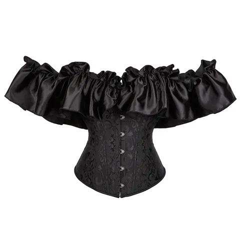 Damen Palast Vintage Jacquard Satin Rüsche Schulterfrei Korsett Top Vordere Metallschnalle Schlanke Figurformendes Bustier