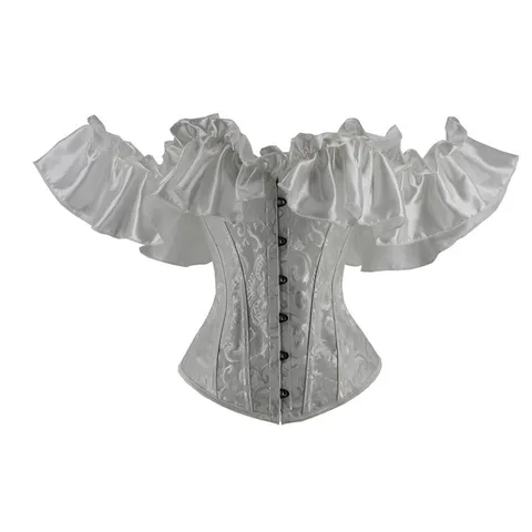 Damen Palast Vintage Jacquard Satin Rüsche Schulterfrei Korsett Top Vordere Metallschnalle Schlanke Figurformendes Bustier