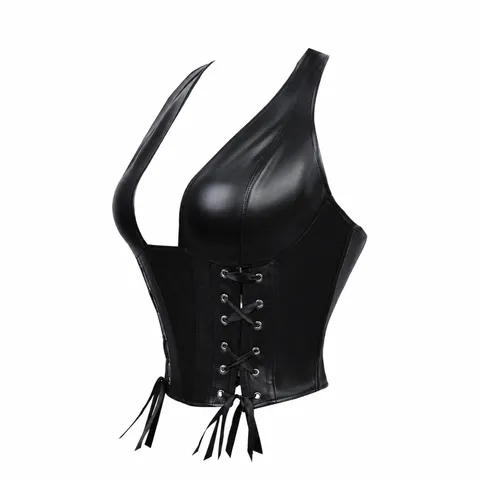 Women Sexy Polyester Faux Leather Corset Top Halter V Neck Lace Up Backless Body Shaping Bustier Party Vest
