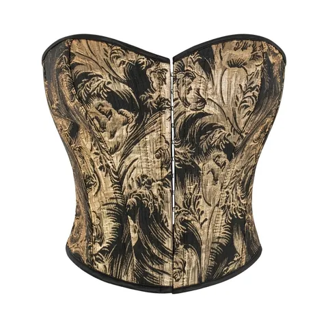 Women Retro Baroque Print Corset Top Vintage Front Metal Buckle Back Lace Up Slim Body Shaping Bustier Black Gold