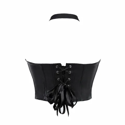 Women Sexy Polyester Faux Leather Corset Top Halter V Neck Lace Up Backless Body Shaping Bustier Party Vest